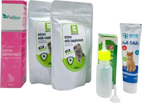 2 Adet Yavru kedi Süt Tozu 200 ml+Biberon 60 Ml+Vitamin Pasta 100GR+Multivitamin 