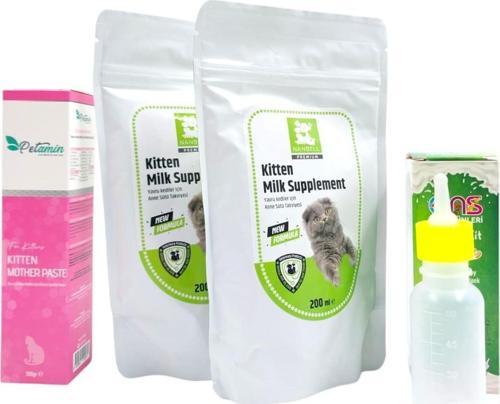 2 Adet Yavru kedi Süt Tozu 200 ml+Biberon 60 Ml+Yavru ve Anne Kediler Için Vitamin Pasta 100GR
