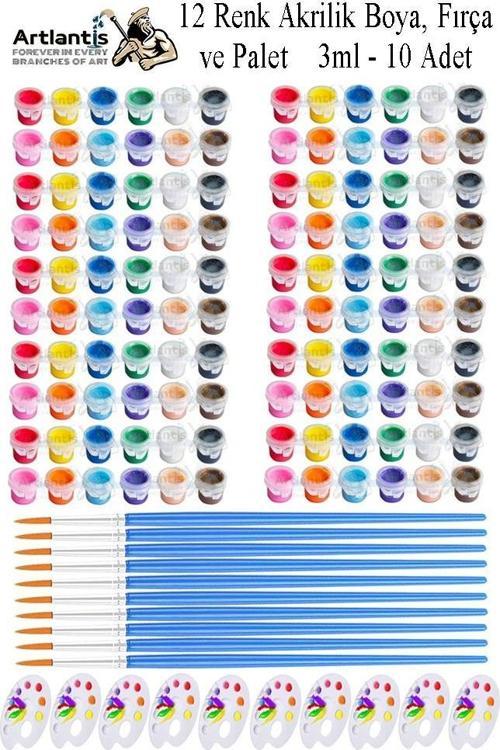 Akrilik Boya 3 ml 12 Renk Resim Fırçası ve Paleti 10 Paket Mini Küçük Akrilik Boya Taş Ahşap Seramik Tuval Alçı Tuval