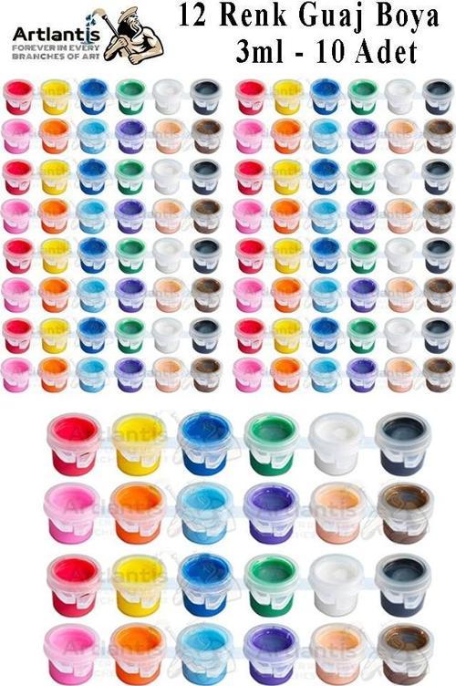 Guaj Boya 3 ml 12 Renk 10 Paket Mini Küçük Guaj Boya Etkinlik Boyama Boyası Su Bazlı Resim Okul Öncesi Kreş Ana Sınıfı