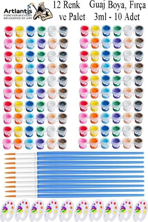 Guaj Boya 3 ml 12 Renk Resim Fırçası ve Paleti 10 Paket Mini Küçük Guaj Boya Etkinlik Boyama Boyası Su Bazlı Resim Okul