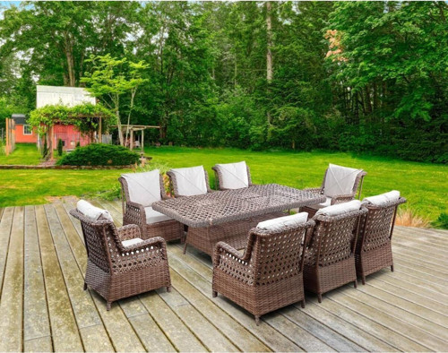 Fırat 8Kişilik Kahverengi Örgü Rattan Oturma Grubu Minderli & 100X200Cm Masa Takımı