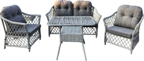 Asi 4Kişilik Gri Örgü Rattan Oturma Grubu Minderli & 70X120Cm Masa Takımı