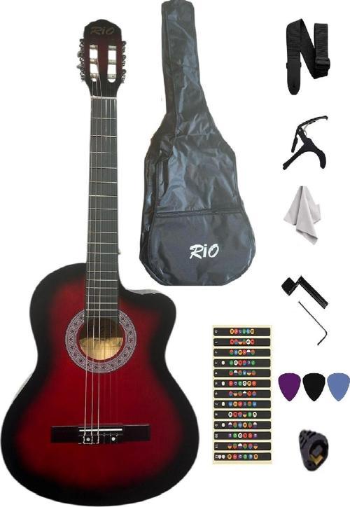 Kırmızı Klasik Gitar Kesik Kasa Sap Ayarlı 4/4 Tam Boy Kılıf Kapo Pena Ve Penalık Sticker Çevirici