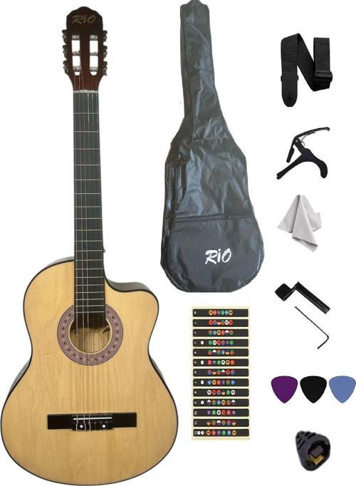 Natural Klasik Gitar Kesik Kasa Sap Ayarlı 4/4 Tam Boy Kılıf-Pena-Askı-Kapo-Sticker-Çevirici-Cnat