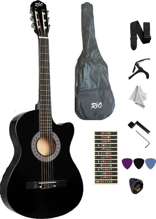 Siyah Klasik Gitar Kesik Kasa Sap Ayarlı 4/4 Tam Boy Kılıf-Pena-Askı-Kapo-Sticker-Çevirici-(Cbk)
