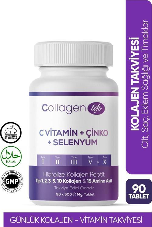 Colagen Life , 5 Tip Kolajen Tip 1 , 2 , 3 , 5 , 10 ( Selenyum , C Vitamini , Çinko ) 90 Tablet