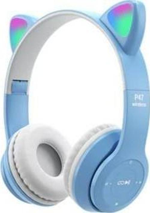Luxury, Katlanabilir Led Işıklı Kedi Tasarım Kablosuz Bluetooth Kulaklık Mavi Renk Carboon P47M