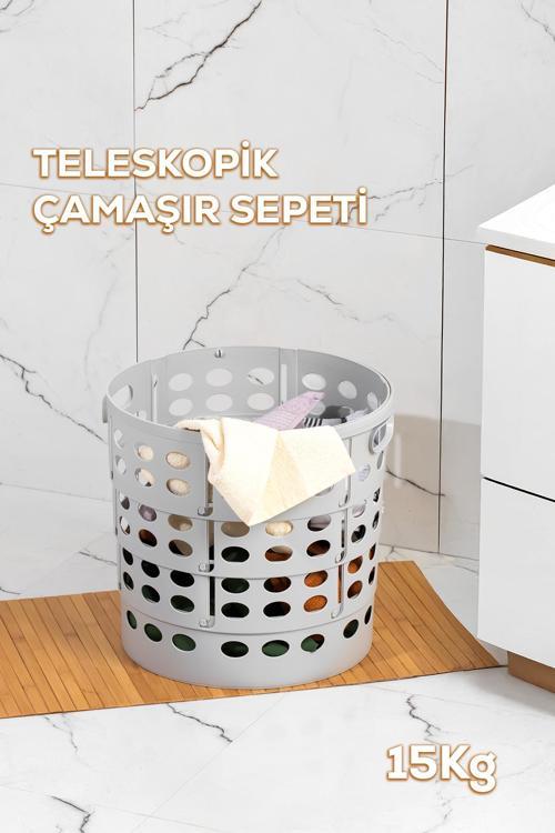 25100-1 Teleskopik Katlanır Sepet Katlanabilir Çamaşır Sepeti Orta Boy Katlanır Çamaşır Sepeti Gri 15LT