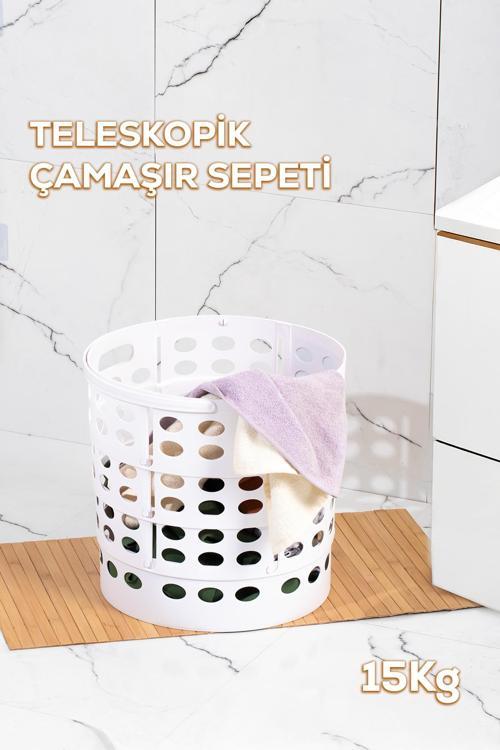 25100 Teleskopik Katlanır Sepet Katlanabilir Çamaşır Sepeti Orta Boy Katlanır Çamaşır Sepeti Beyaz 15LT