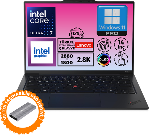 ThinkPad X1 Carbon G12 U7 155U 32GB 2TB SSD 14'' 2.8K W11P Dokunmatik+ 1TB SSD 21KC006BTX 005