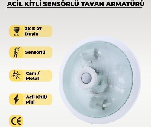 Acil Kitli Pilli 2 x E27 Duylu Sensörlü Tavan Armatürü - Cam / Metal