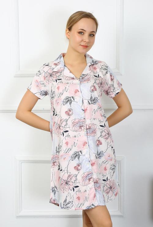 Kadın Penye Kısa Kol Düğmeli Somon Tunik Gecelik 13104