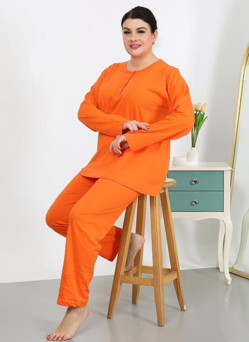 Kadın Büyük Beden Uzun Kol Penye Pijama Takımı Turuncu 202501