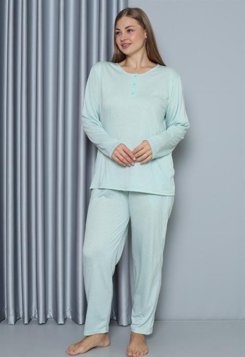 Kadın Büyük Beden Penye Uzun Kol Pijama Takım 202212