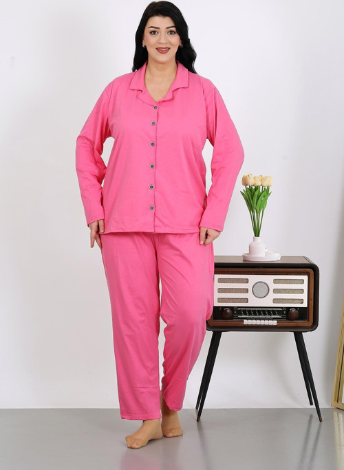Kadın Büyük Beden Pamuklu Cepli Düğmeli Pembe Pijama Takım 202504