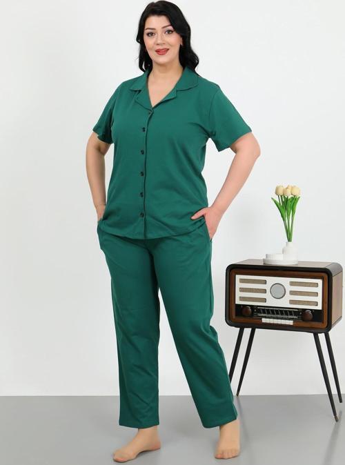 Kadın Büyük Beden Pamuklu Cepli Düğmeli ZümrütYeşili Pijama Takım 202507