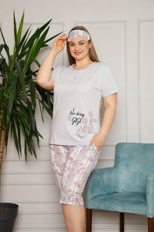 Kadın Pamuklu Kısa Kol Büyük Beden Kapri Pijama Takım 202089