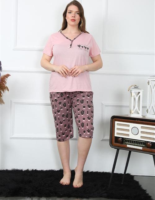 Kadın Büyük Beden Viscon  Kapri Pijama Takım 202202