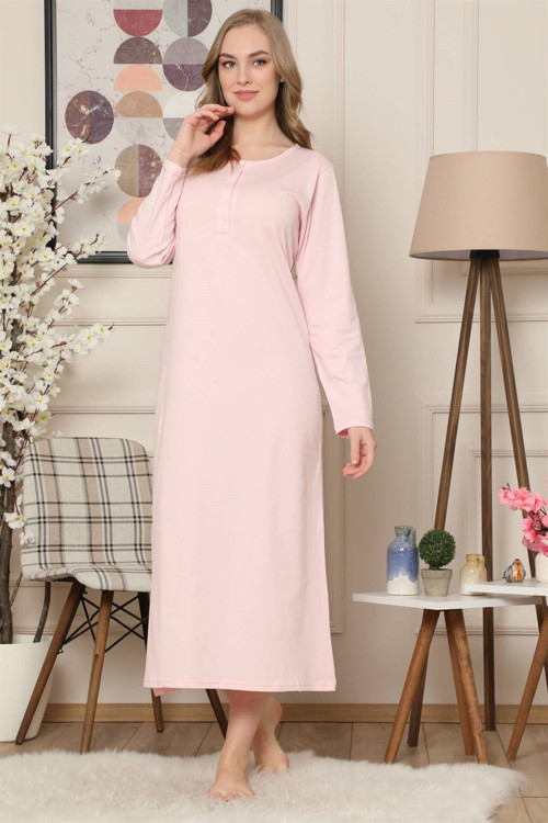 Pembe Renk Penye Uzun Kollu Uzun Gecelik 941