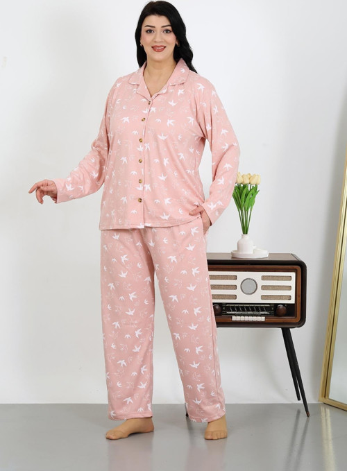 Kadın Büyük Beden Pamuklu Cepli Düğmeli Pudra Pijama Takım 202504