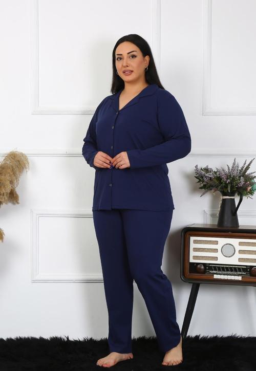 Kadın Büyük Beden Pamuklu Cepli Düğmeli Lacivert Pijama Takım 202401