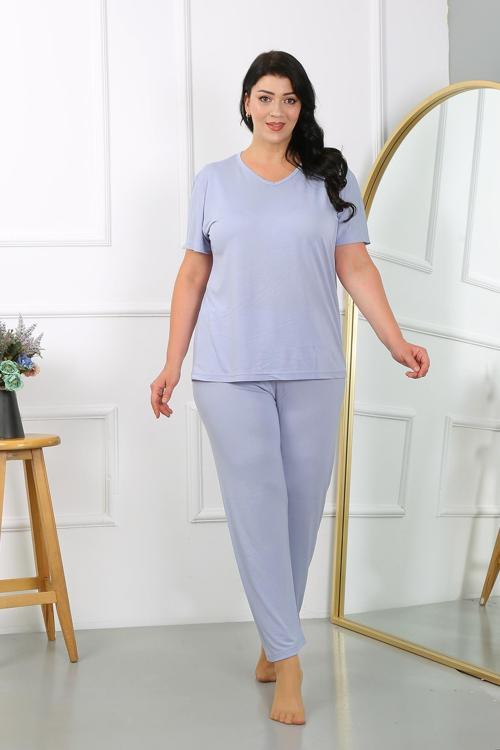 Kadın Büyük Beden  Kısa Kol Penye Pijama Takımı Lila 202405