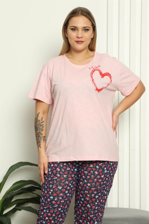 Kadın %100 Pamuk Kısa Kol Büyük Beden Pijama Takım 202143