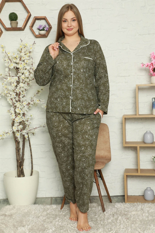 Kadın Pamuklu Cepli Uzun Kol Büyük Beden Pijama Takım 202055