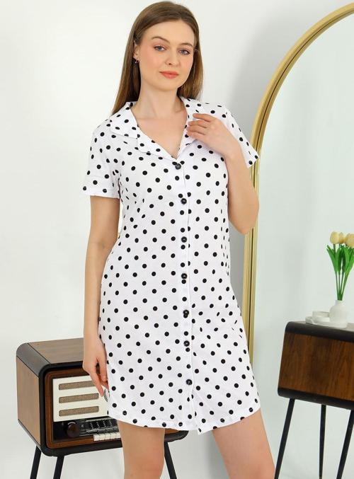 Kadın Pamuk Penye Kısa Kol Düğmeli Beyaz Tunik Gecelik 13111