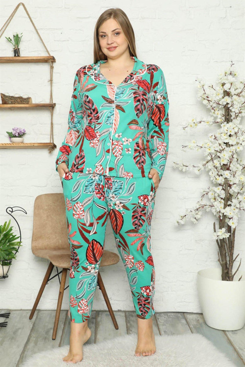 Kadın Pamuklu Cepli Uzun Kol Büyük Beden Pijama Takım 202049