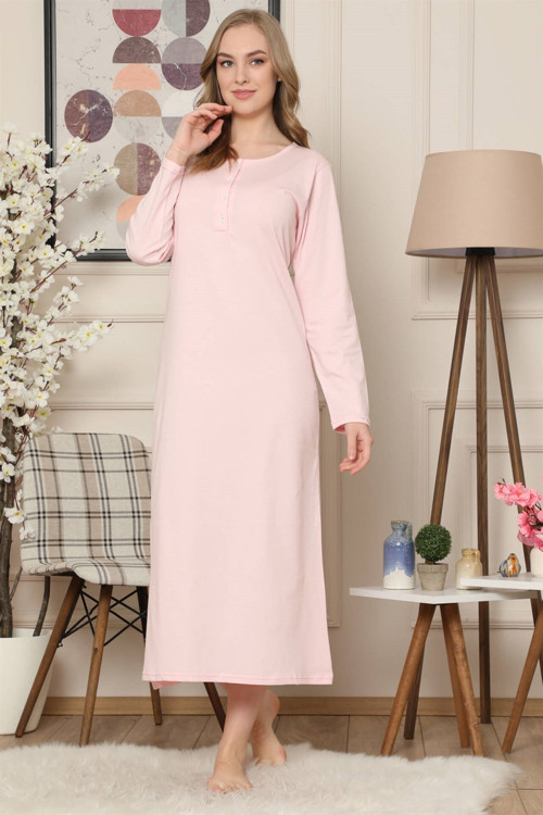 Pembe Renk Penye Uzun Kollu Uzun Gecelik 941