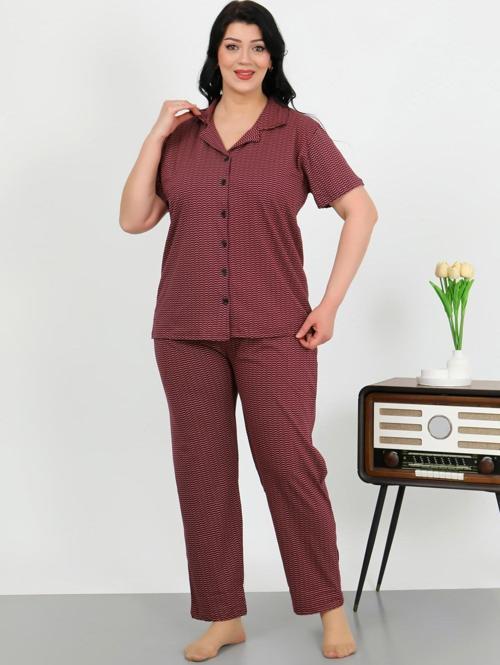 Kadın Büyük Beden Pamuklu Cepli Düğmeli Mor Pijama Takım 202507