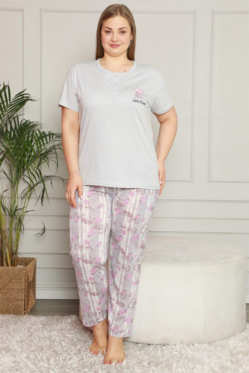 Kadın %100 Pamuk Cepli Kısa Kol Büyük Beden Pijama Takım 202072