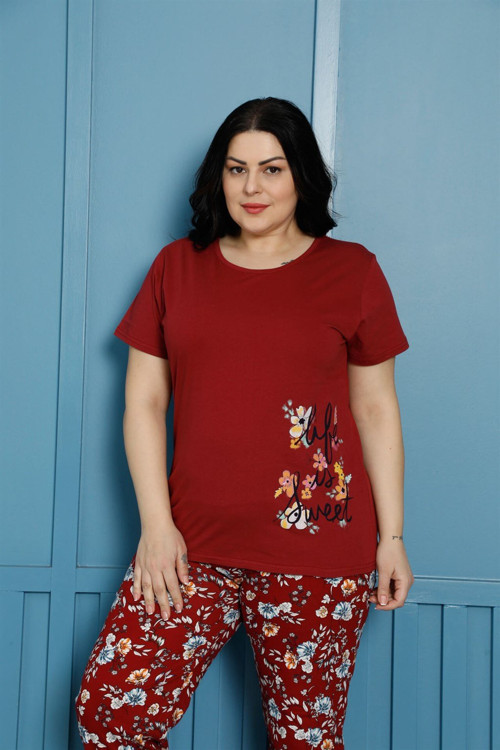 Kadın %100 Pamuk Kısa Kol Büyük Beden Pijama Takım 202137