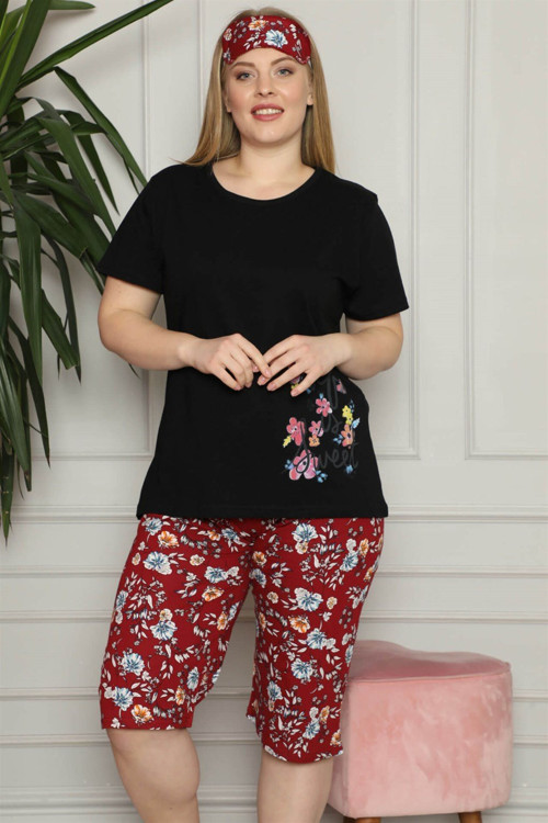 Kadın Pamuklu Kısa Kol Büyük Beden Kapri Pijama Takım 202084