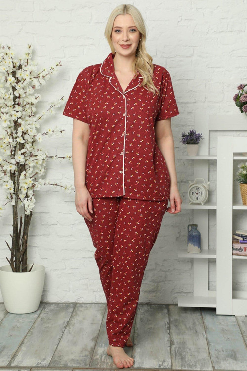 Kadın Pamuklu Cepli Kısa Kol Büyük Beden Pijama Takım 202029