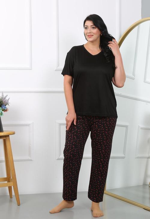 Kadın Büyük Beden  Kısa Kol Penye Pijama Takımı Siyah 202406