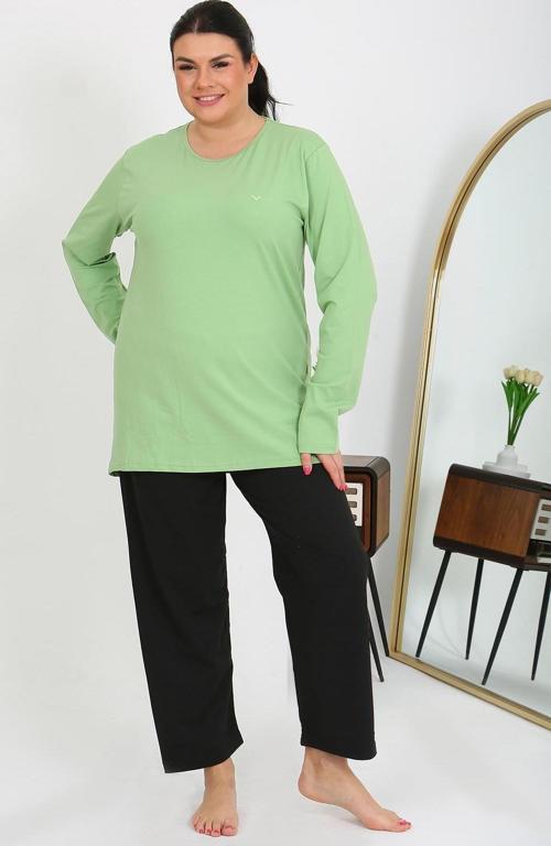 Kadın Büyük Beden Uzun Kol Penye Pijama Takımı Fıstık Yeşili 202408