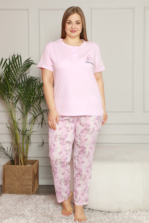 Kadın %100 Pamuk Cepli Kısa Kol Büyük Beden Pijama Takım 202073