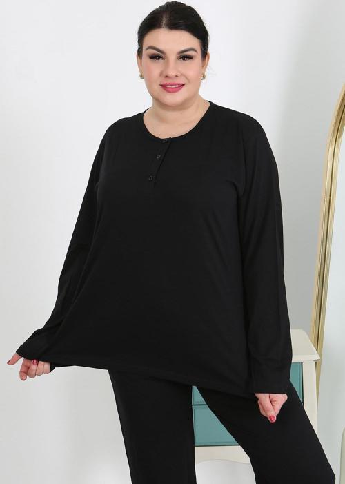 Kadın Büyük Beden Uzun Kol Penye Pijama Takımı Siyah 202501