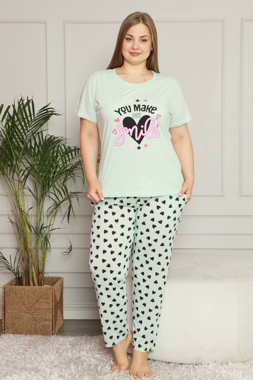 Kadın %100 Pamuk Cepli Kısa Kol Büyük Beden Pijama Takım 202080