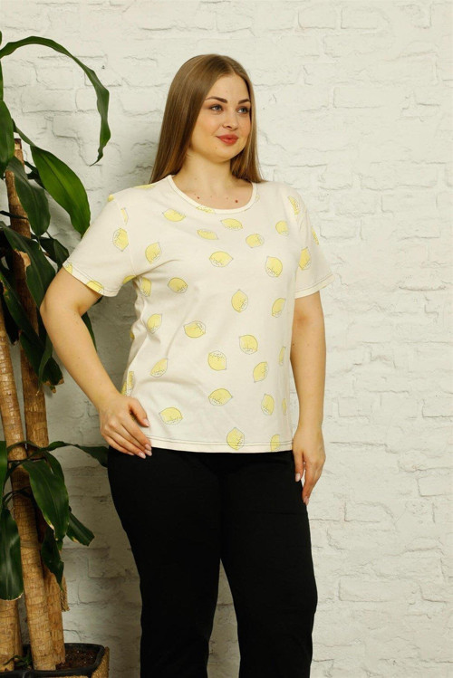 Kadın %100 Pamuk Kısa Kol Büyük Beden Pijama Takım 202134