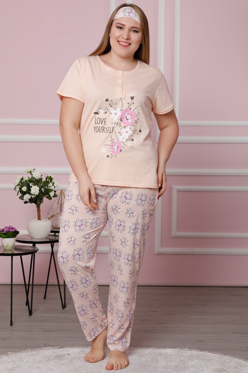 Kadın Somon Pamuklu Cepli Kısa Kol Büyük Beden Pijama Takım 202010
