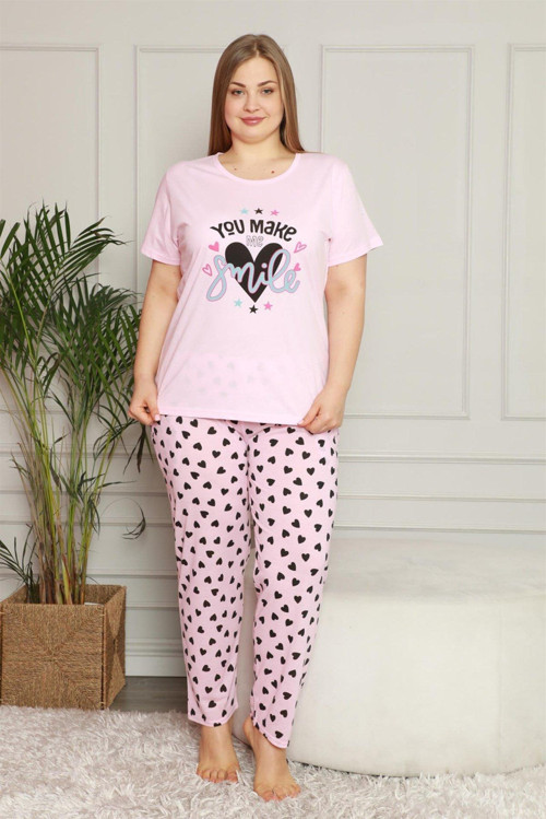 Kadın %100 Pamuk Cepli Kısa Kol Büyük Beden Pijama Takım 202079