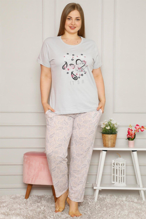 Kadın %100 Pamuk Cepli Kısa Kol Büyük Beden Pijama Takım 202081