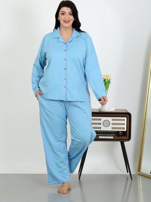 Kadın Büyük Beden Pamuklu Cepli Düğmeli Mavi Pijama Takım 202504