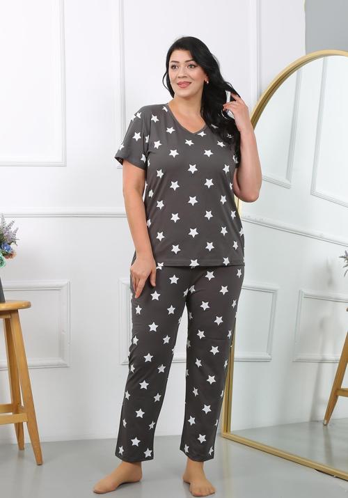 Kadın Büyük Beden  Kısa Kol Penye Pijama Takımı Füme 202407