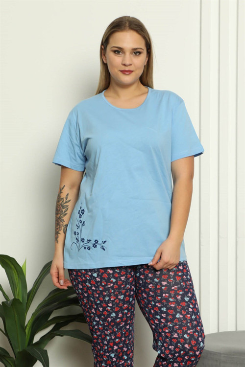 Kadın %100 Pamuk Kısa Kol Büyük Beden Pijama Takım 202142
