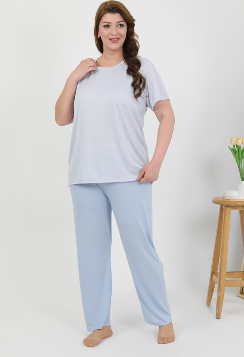 Kadın Büyük Beden Kısa Kol Penye Pijama Takımı Mavi 202510